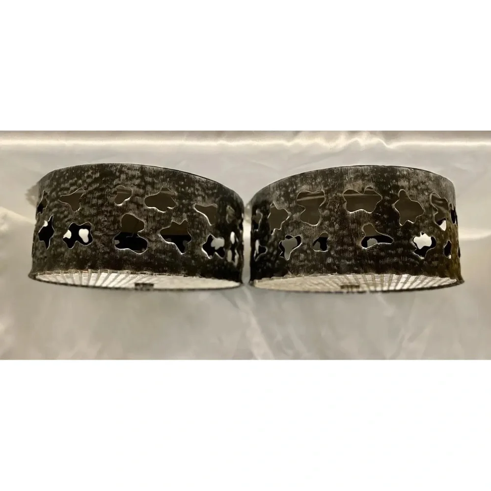 Mid Century Black Silver Brutalist Flush Ceiling Lights Torch Cut Metal- A Pair